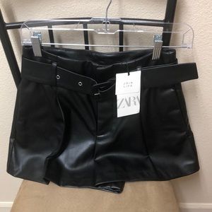 Zara black leather high-waisted belted shorts